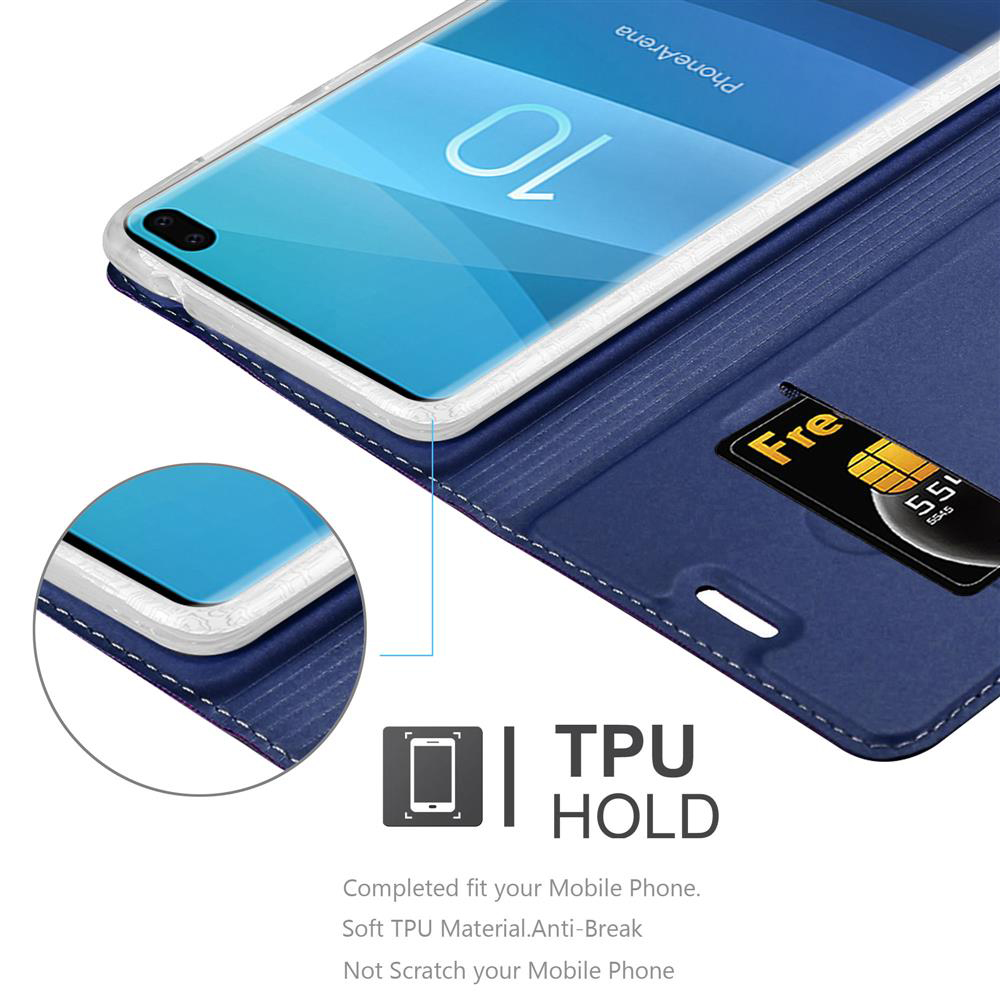 Telefon in blauem Wallet-Case mit Karte. Text: 'TPU HOLD'.