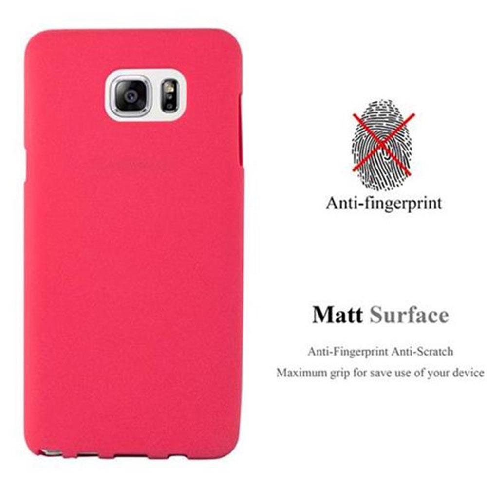 Una funda roja para teléfono, con las palabras 'Antihuellas' y 'Superficie Mate' sobre un fondo blanco.