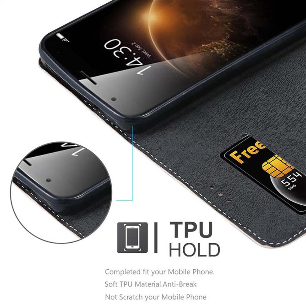Teléfono en una funda, abierto. Ranura para tarjeta con una tarjeta de crédito. Texto: TPU HOLD, se adapta a tu móvil.