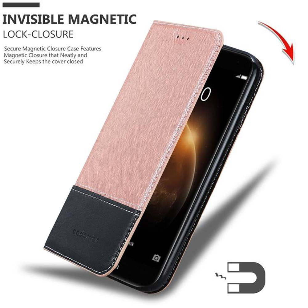 Funda de teléfono con tapa abierta, colores rosa y negro. Bloqueo magnético mostrado. Pantalla visible.