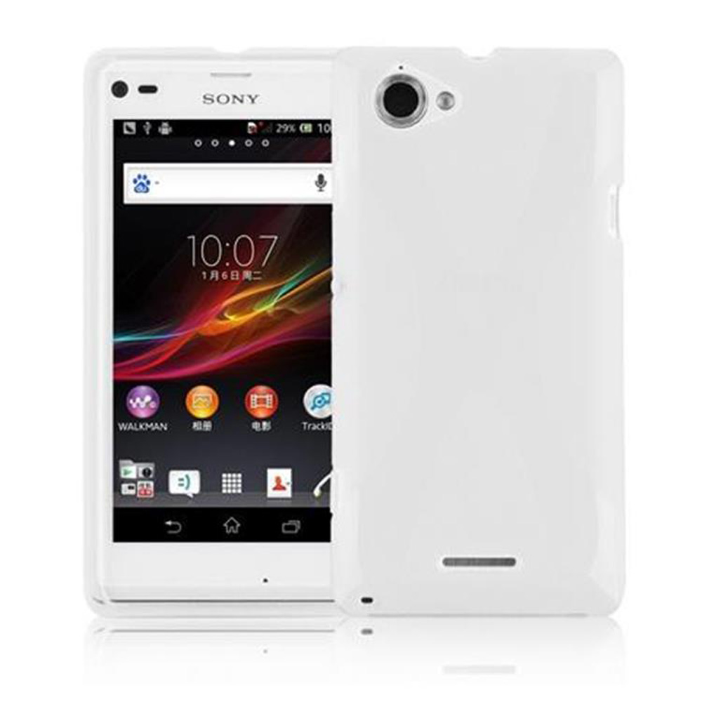 Un teléfono Sony blanco con una pantalla que muestra la hora y la parte trasera del teléfono.