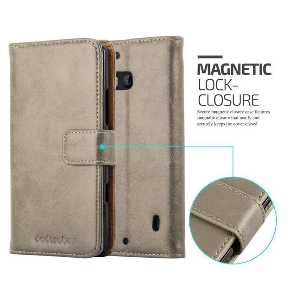 Funda gris con teléfono dentro, abierta. Texto: 'MAGNETIC LOCK-CLOSURE'.