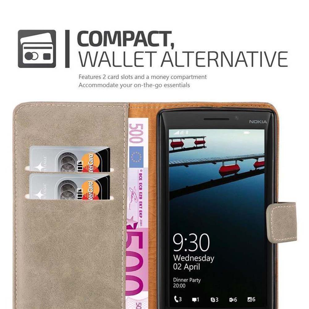 Teléfono en funda tipo cartera. Dos tarjetas y dinero visibles. Alternativa de cartera compacta.