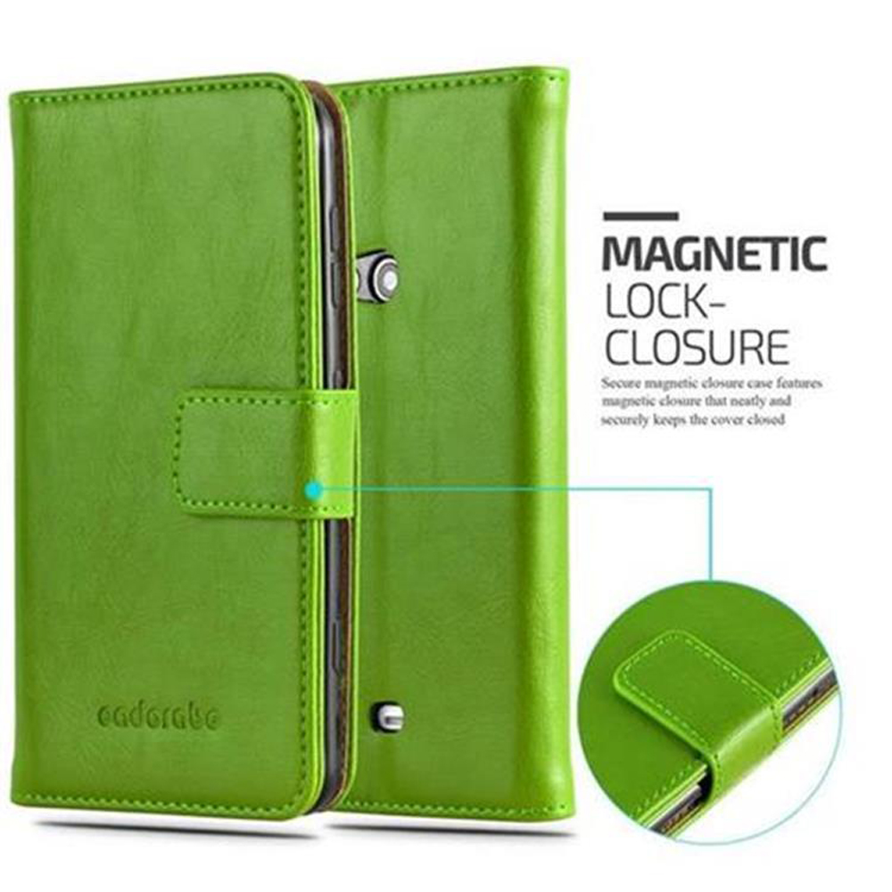 Funda de teléfono verde abierta, teléfono dentro. La funda tiene un cierre. El texto dice cierre magnético.
