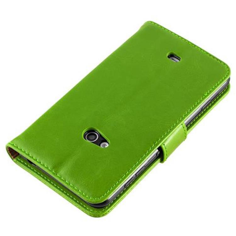 Funda de teléfono verde, abierta, que muestra la parte trasera del teléfono.