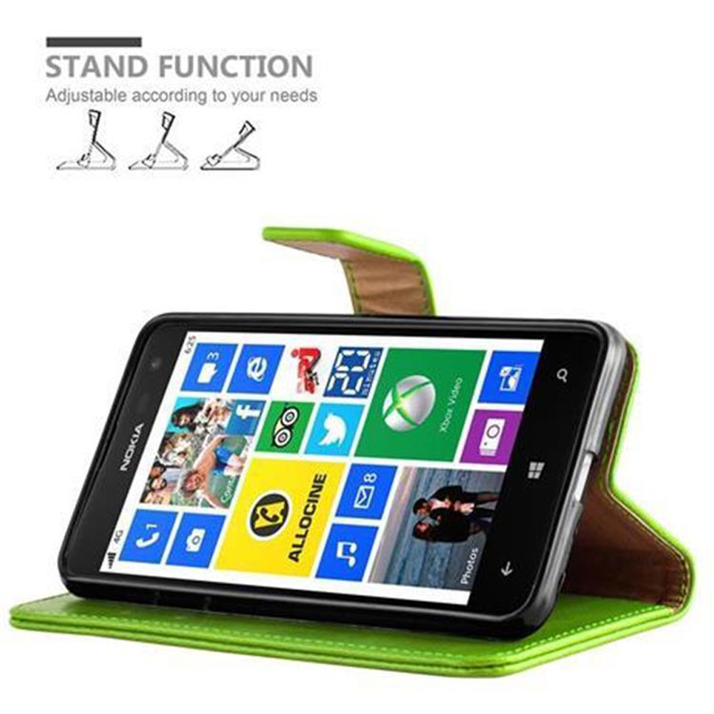 Funda de teléfono verde, abierta, con teléfono dentro. Función de soporte.