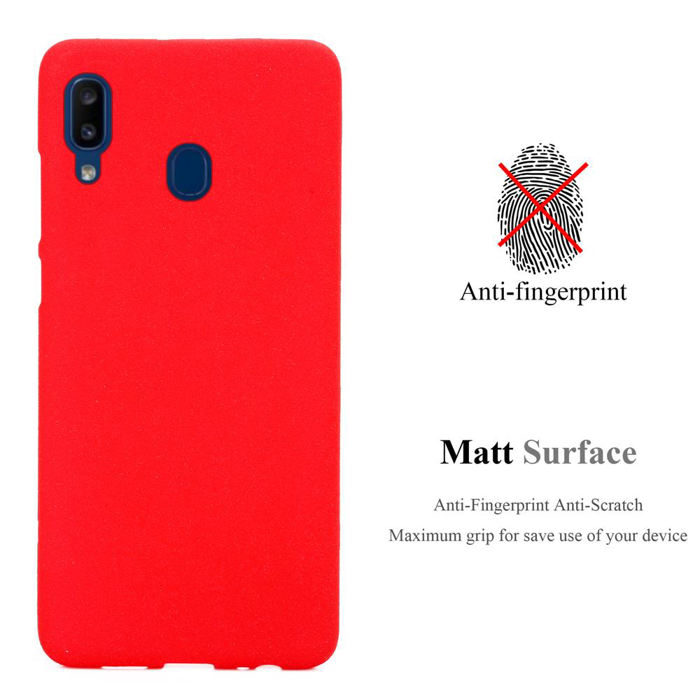 Custodia rossa per telefono. Superficie opaca con funzioni anti-impronte e antigraffio. Simbolo di impronta digitale con una linea che lo attraversa.