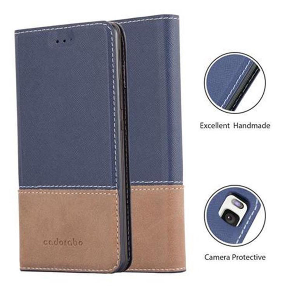 Custodia per telefono in pelle blu e marrone. I dettagli includono cuciture e protezione della fotocamera.