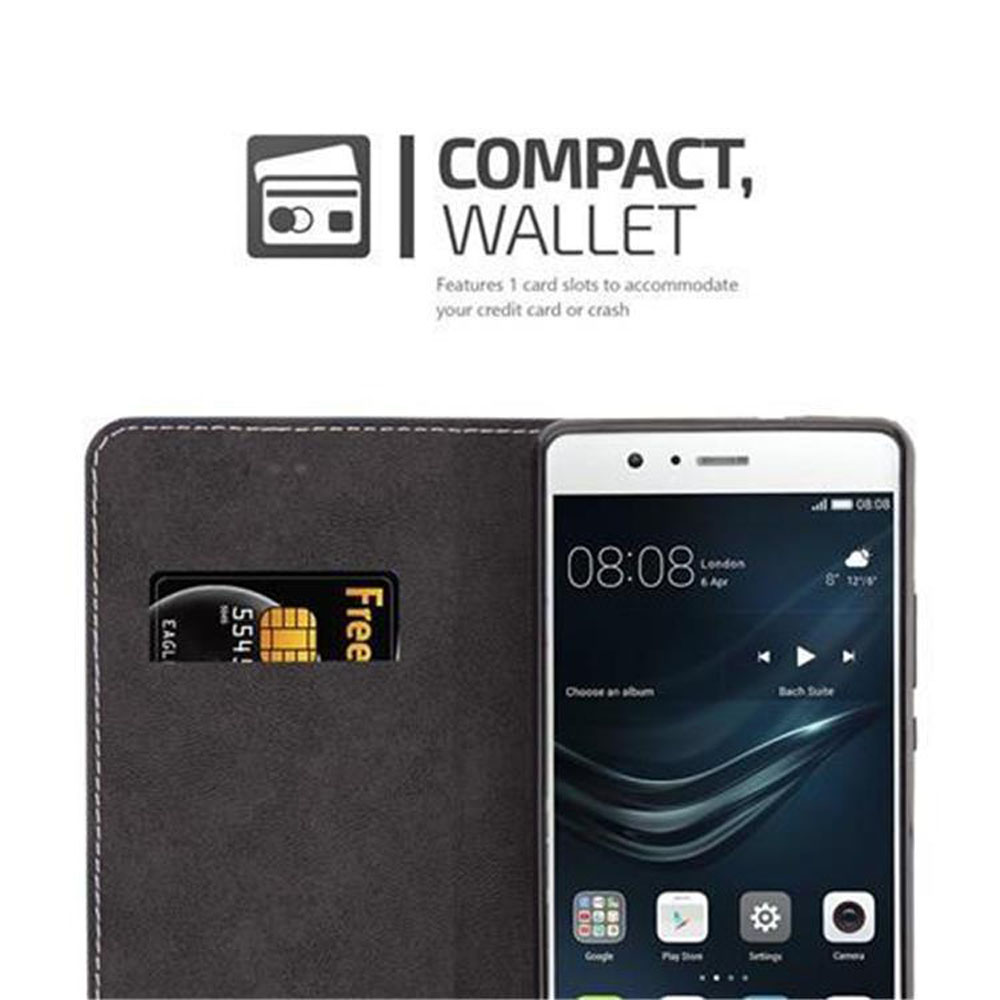 Un telefono in una custodia nera. Carta di credito visibile. Testo: 'Compact, Wallet'.