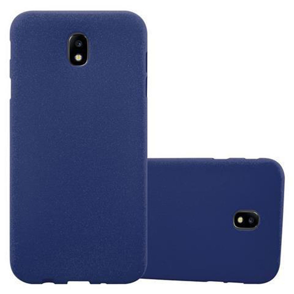 Dos fundas azules para teléfono. Una vertical, la otra horizontal. Ambas tienen orificios para cámara. Falta un teléfono.