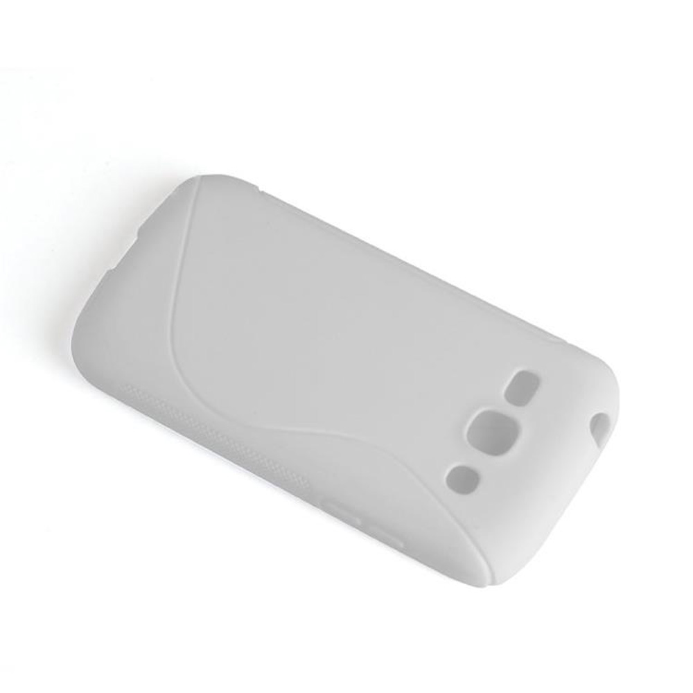 Una custodia per telefono grigio chiaro, con un design curvo e ritagli per pulsanti e fotocamera.