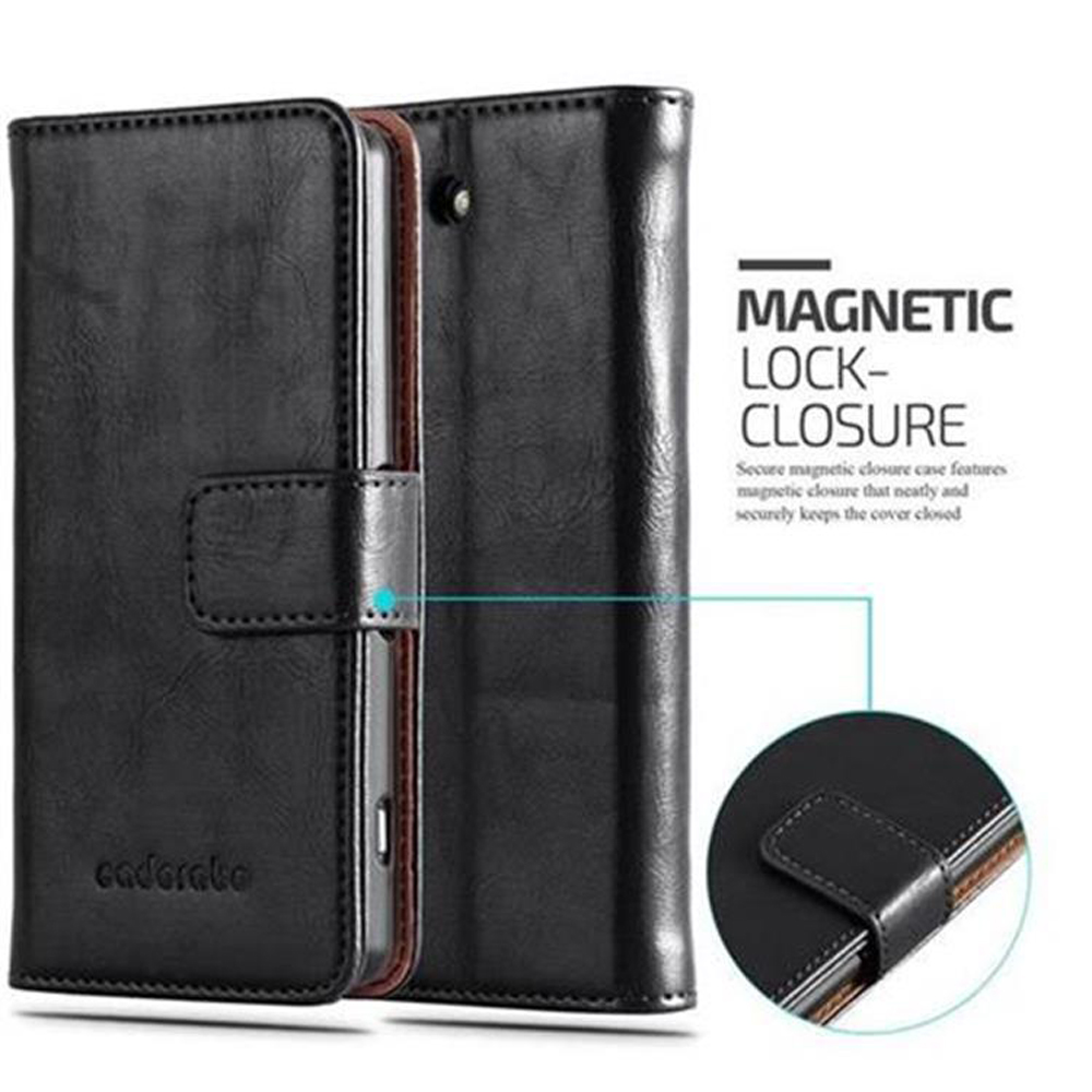 Funda de teléfono negra con cierre magnético. Detalles de la funda sobre fondo blanco.