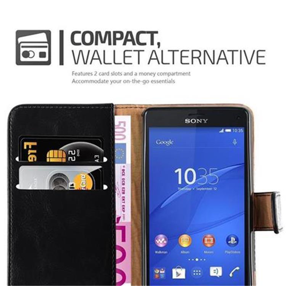 Funda de teléfono tipo cartera negra con tarjetas y dinero. Un teléfono muestra la hora.
