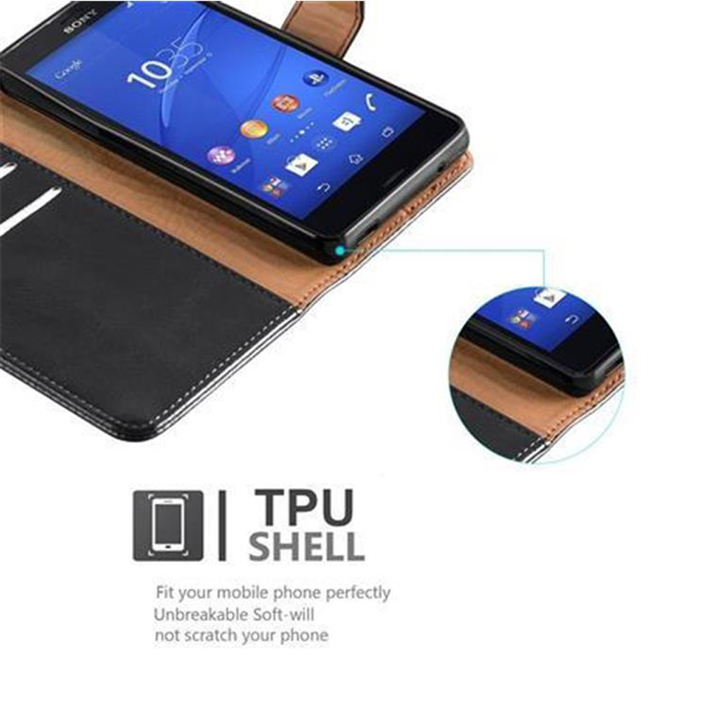 Funda negra y marrón con teléfono. La funda está abierta.