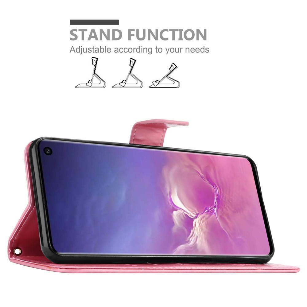 Telefono in una custodia rosa, aperto e puntellato. Testo: Funzione supporto, regolabile. Visualizza ora, data e icone.