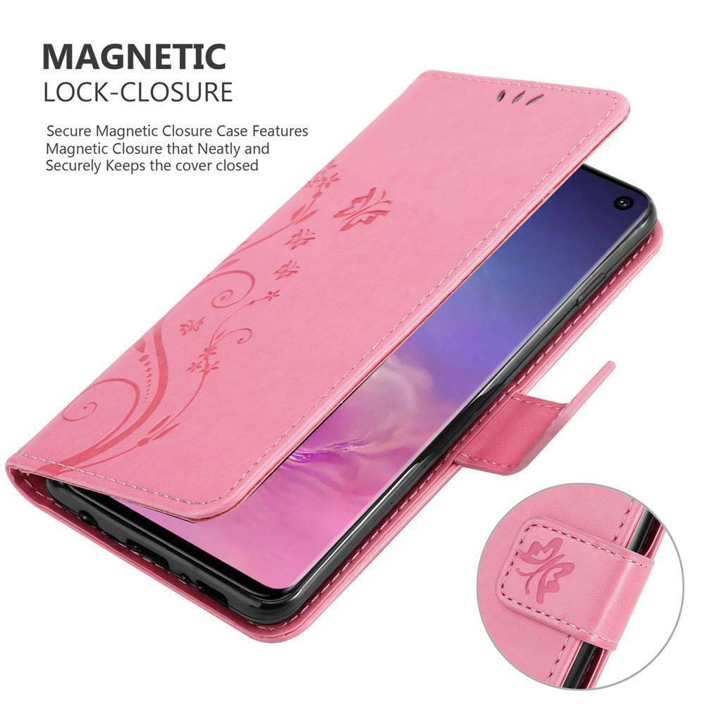 Custodia per telefono rosa con design floreale. Il telefono è all'interno della custodia. Chiusura magnetica mostrata.