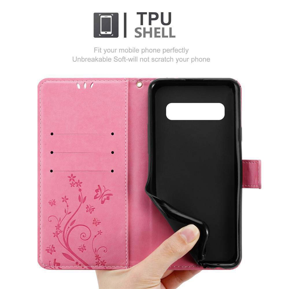 Custodia rosa per telefono aperta, che rivela il guscio del telefono. Design floreale rosa a sinistra.