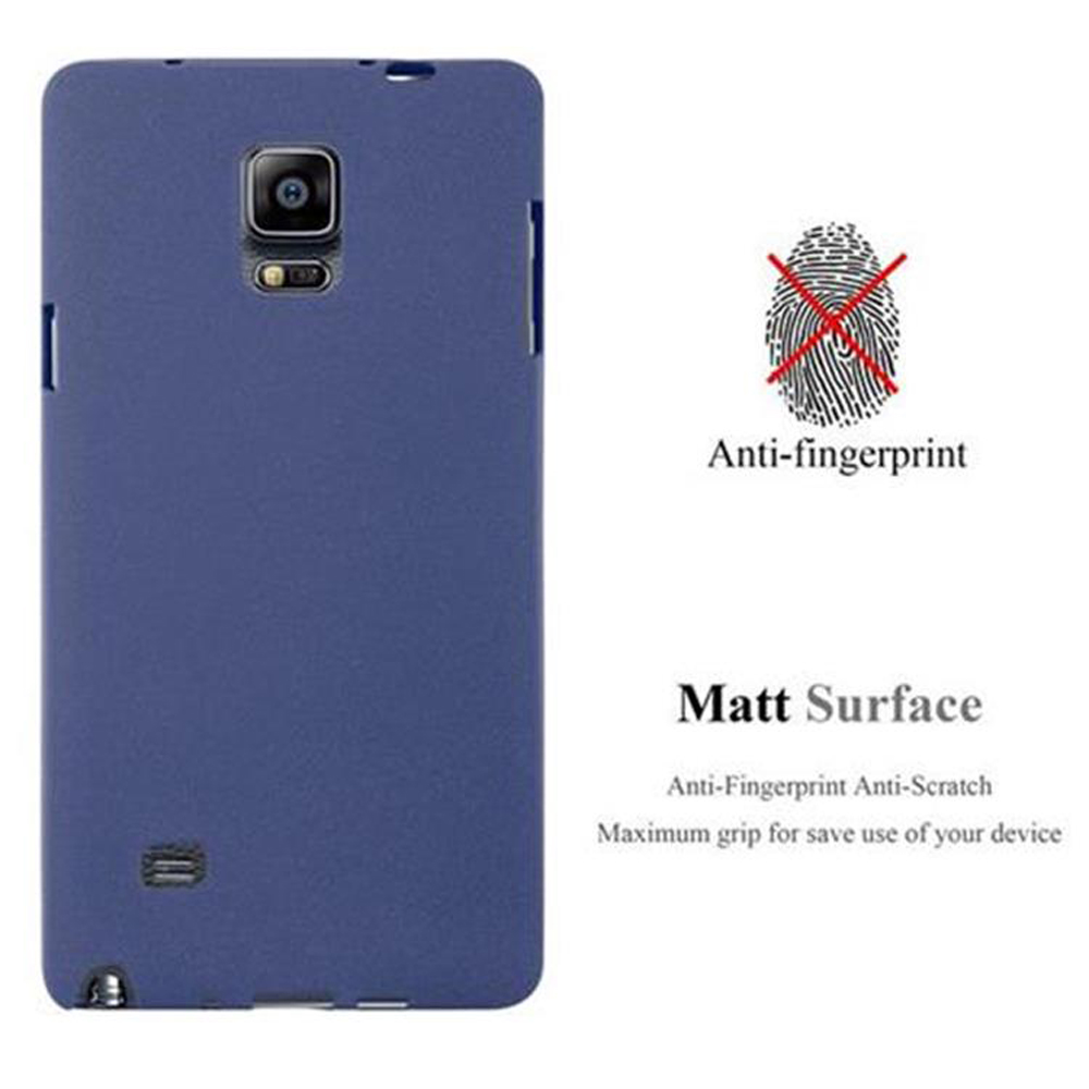 Custodia blu per telefono su una superficie bianca. Il retro mostra una fotocamera e la scritta 'Anti-impronte'.