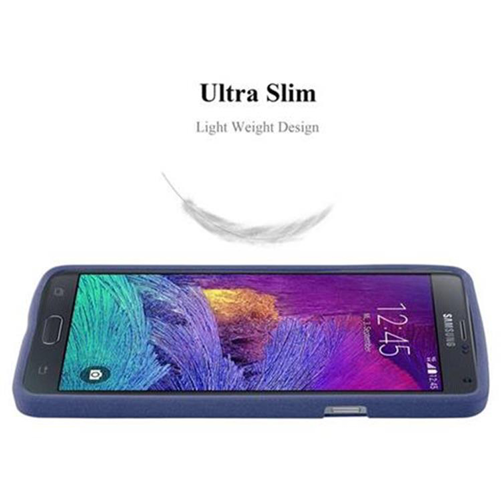 Custodia blu per telefono con un telefono all'interno. Lo schermo del telefono mostra l'ora.