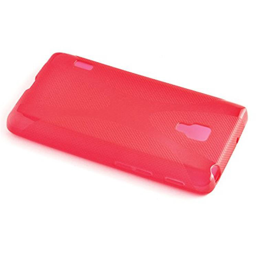 Una custodia rossa per telefono, angolata e vuota, con fori per la fotocamera, i pulsanti laterali e la porta di ricarica.