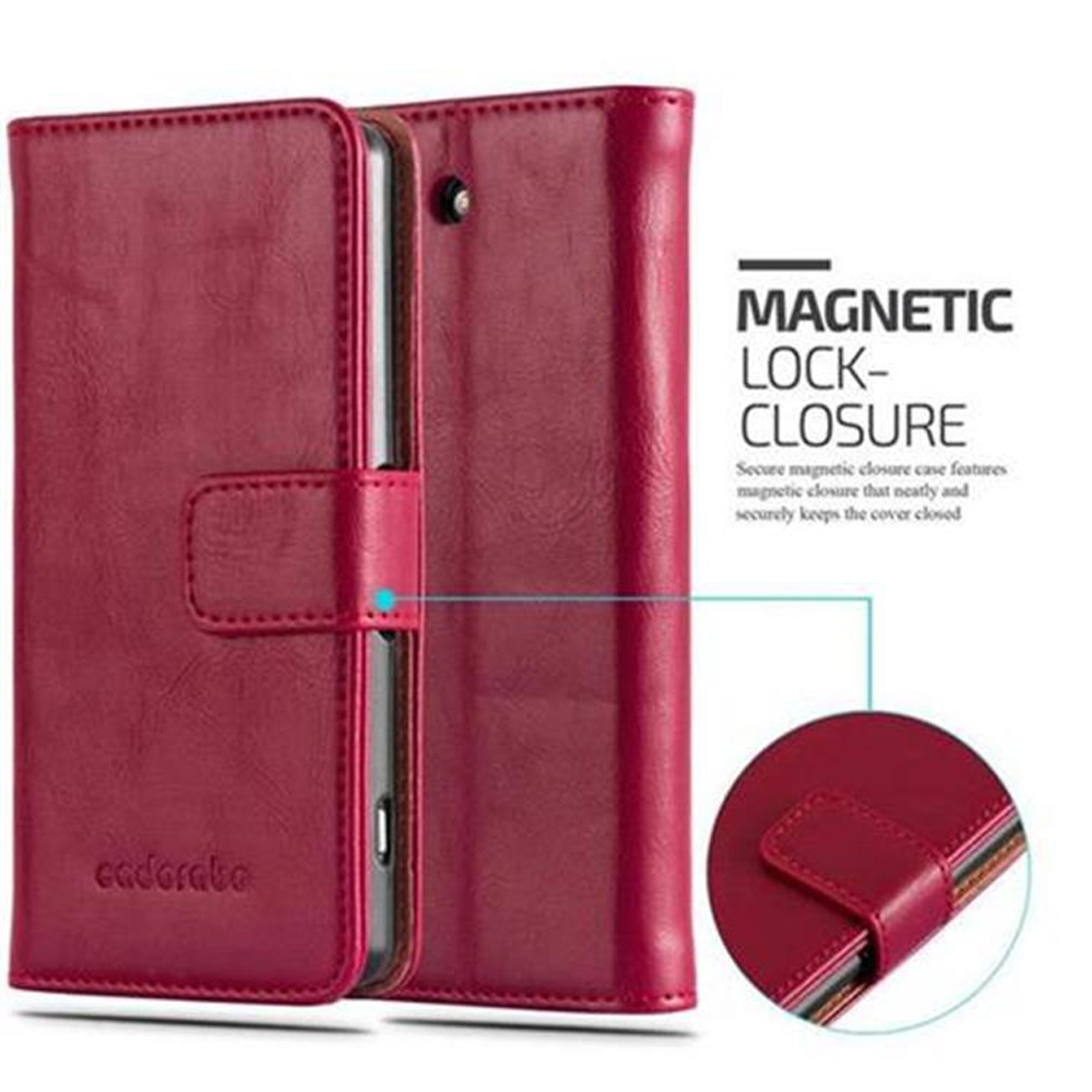 Una custodia per telefono in pelle rossa con chiusura magnetica. Un primo piano mostra la chiusura magnetica.