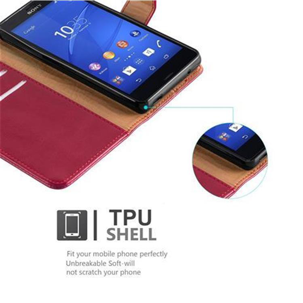 Custodia rossa e marrone con telefono dentro. Etichetta guscio TPU sotto.