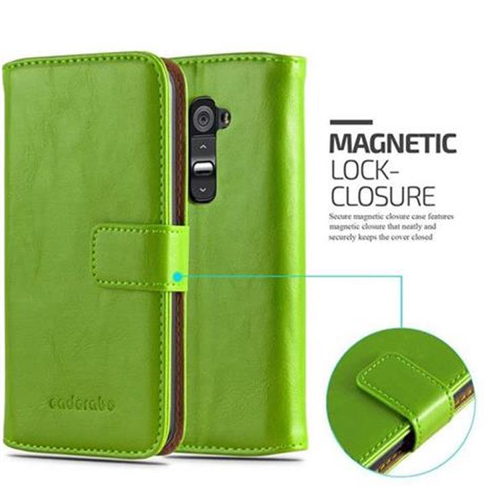 Una custodia per telefono verde, aperta, che mostra il telefono all'interno. La custodia ha una chiusura magnetica.