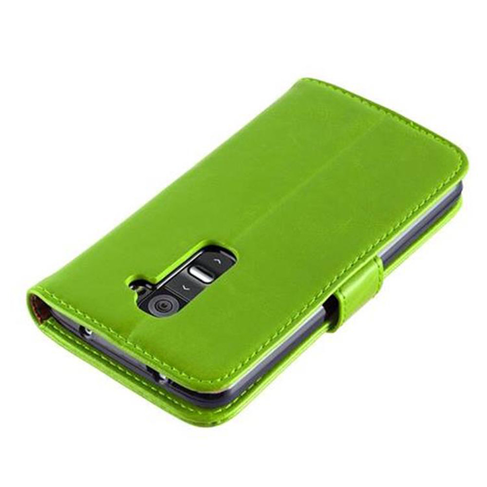 Custodia verde, chiusa, con telefono dentro. Offre un look elegante e verde.