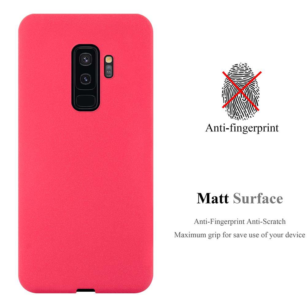 Una custodia rossa con un telefono rosso all'interno, con caratteristiche anti-impronta e superficie opaca.