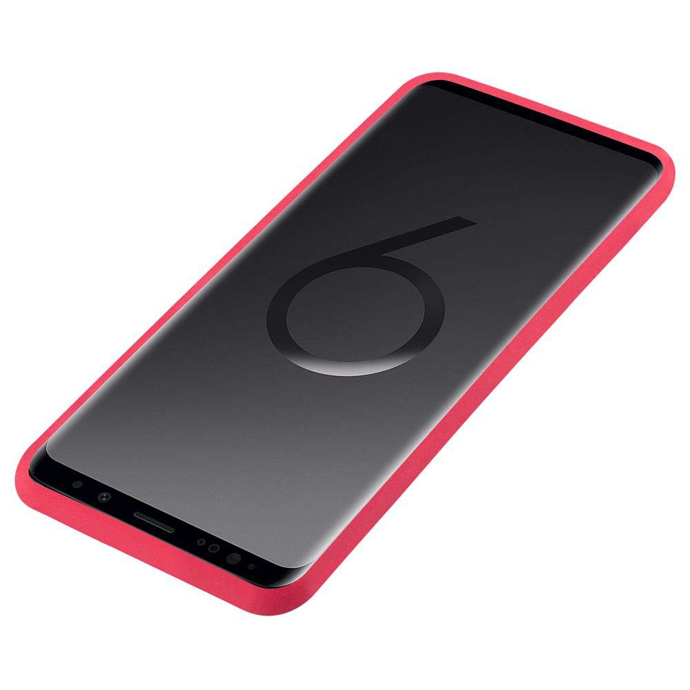Telefono nero in custodia rossa. Lo schermo mostra un grande sei bianco.