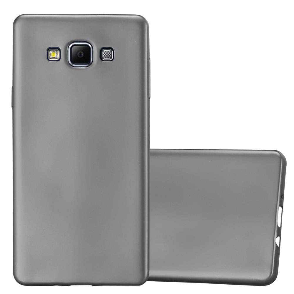 Funda de teléfono gris con dos fundas. El teléfono es de color gris. Dos cámaras en la parte trasera del teléfono.