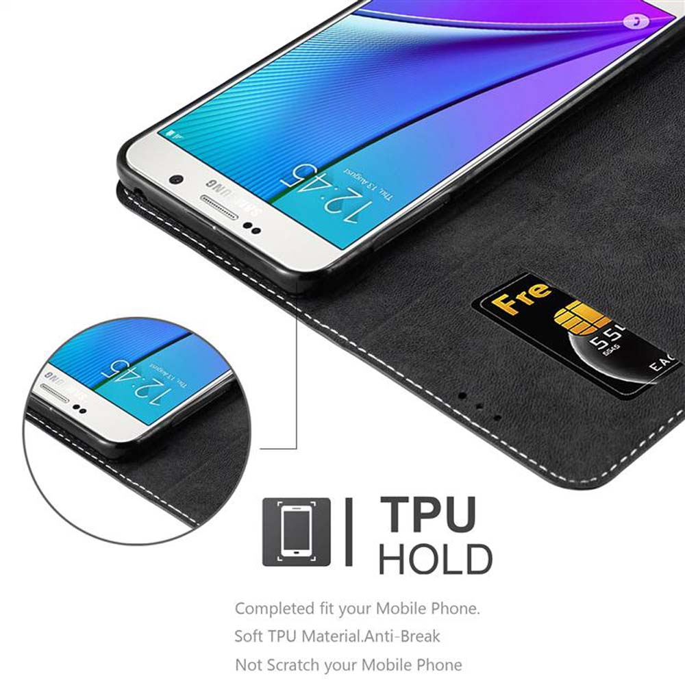 Custodia per telefono nera con telefono che mostra uno schermo. Il testo recita: TPU HOLD. Una carta è visibile.