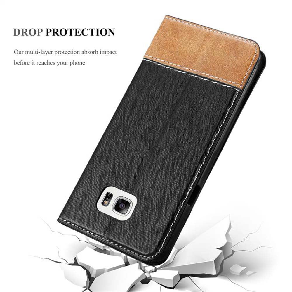 Custodia per telefono nera e marrone con telefono all'interno, con testo 'DROP PROTECTION'.