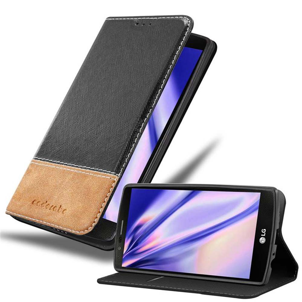 Funda de teléfono negra y marrón, abierta, mostrando la pantalla del teléfono. Otro teléfono en el fondo.