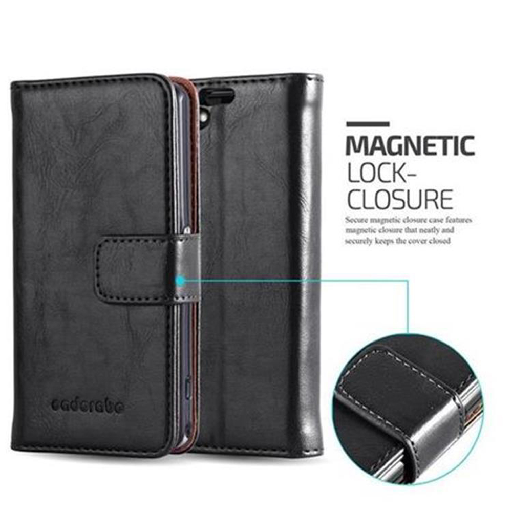 Schwarzes Wallet-Case mit Telefon. Text: 'MAGNETIC LOCK-CLOSURE'.