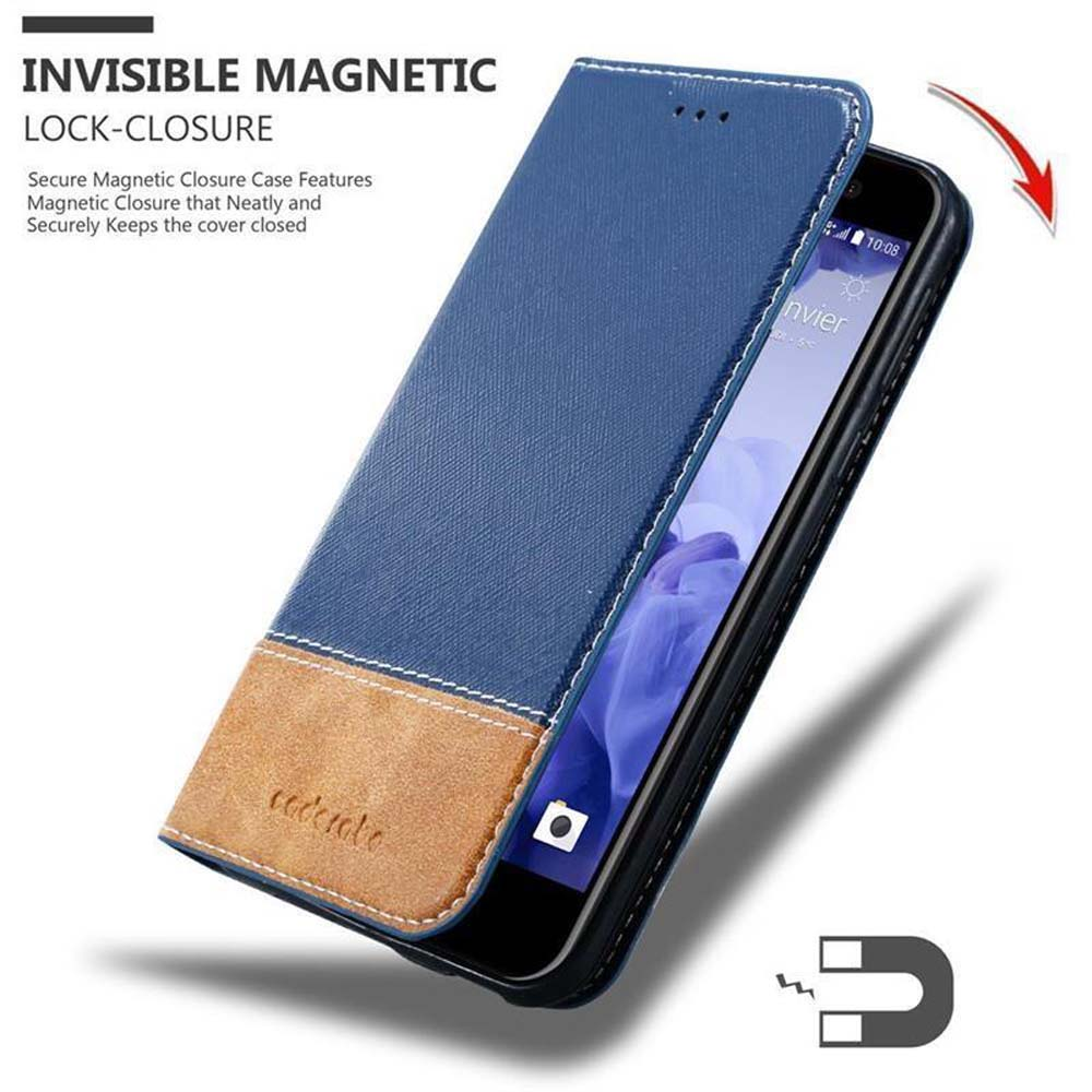 Custodia blu e marrone aperta, mostra un telefono. Chiusura magnetica invisibile. Il telefono è angolato.