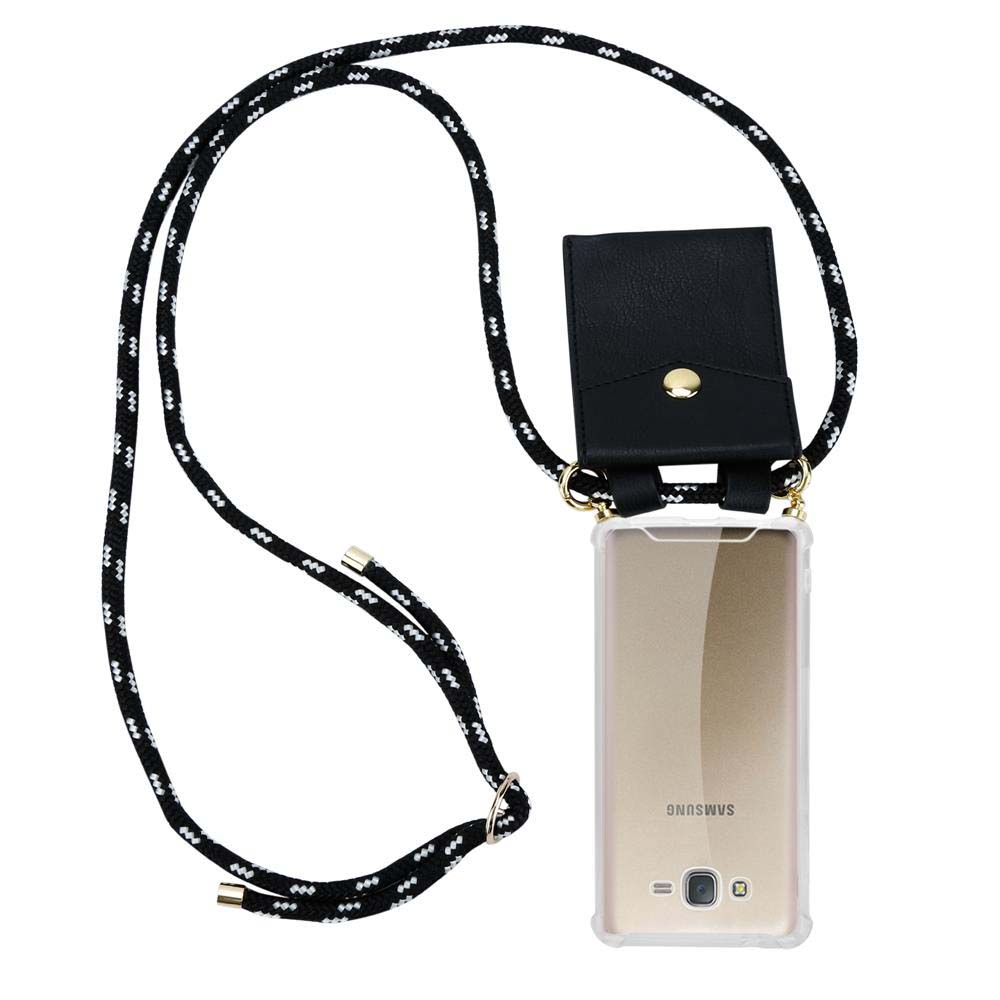 Custodia per telefono con cinturino. La custodia è trasparente. Il cinturino è bianco e nero.