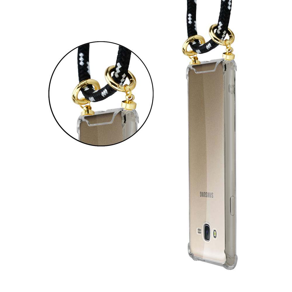 Una custodia per telefono con un cordino. Il telefono è color oro. Il cordino è bianco e nero.