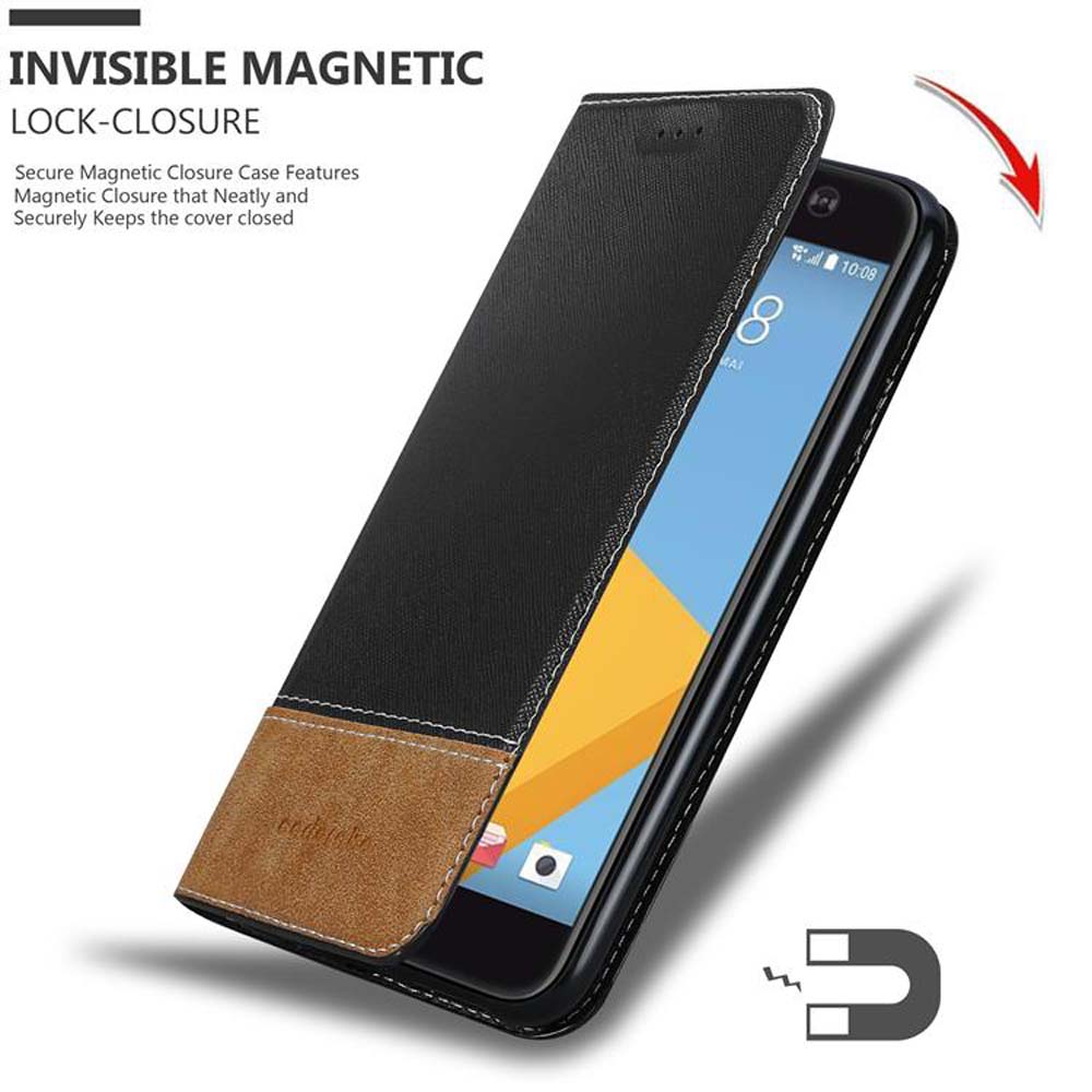 Custodia per telefono con un telefono all'interno. La custodia ha una chiusura magnetica. Il telefono mostra lo schermo.