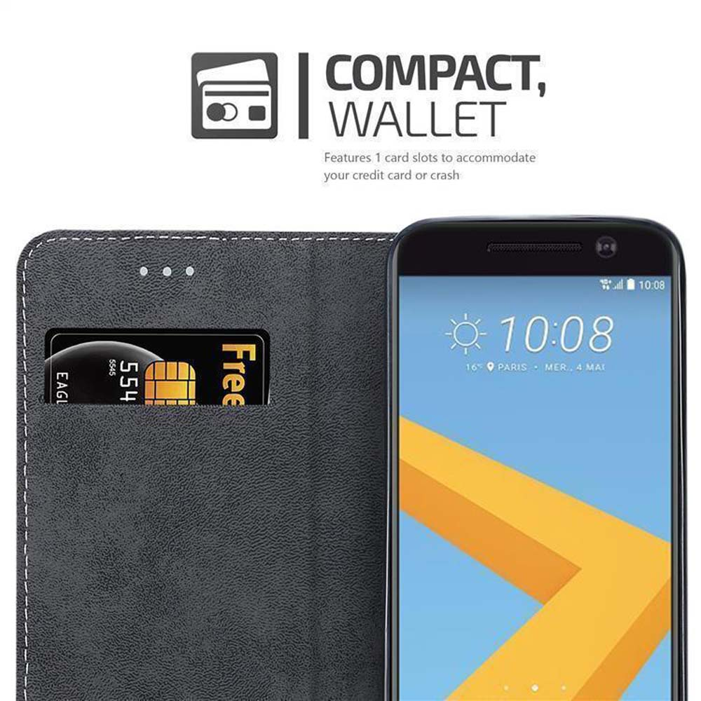 Telefono in custodia a portafoglio con slot per carta di credito. Testo: Compatto, portafoglio. Carta nello slot.