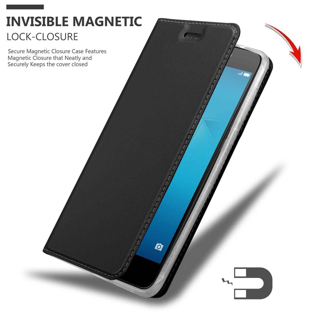 Custodia nera con coperchio aperto, rivela un telefono. Il testo indica la chiusura magnetica.