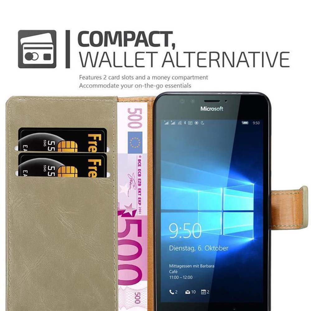 Custodia per telefono con design a portafoglio. Telefono con carte e banconota da 500€. Beige.