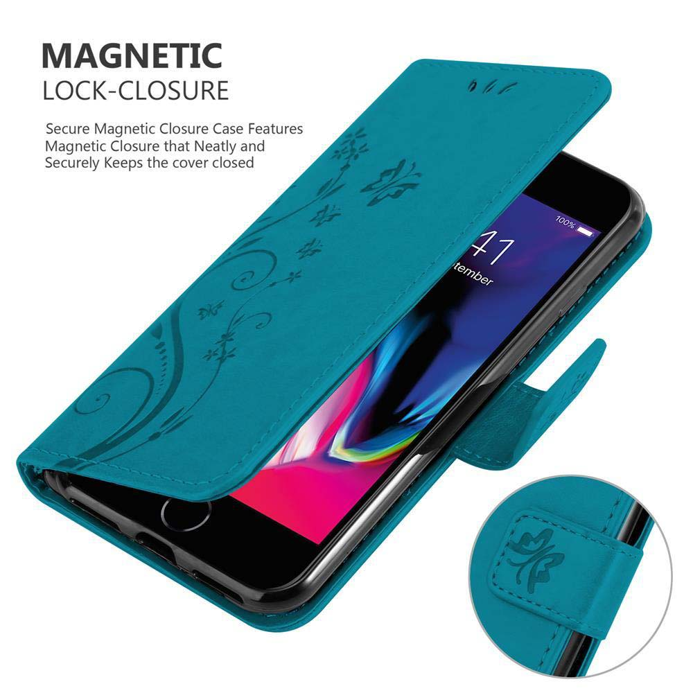 Türkisfarbene Handyhülle mit Telefon darin. Magnetverschluss wird gezeigt. Der Telefonbildschirm zeigt einen Kalender.