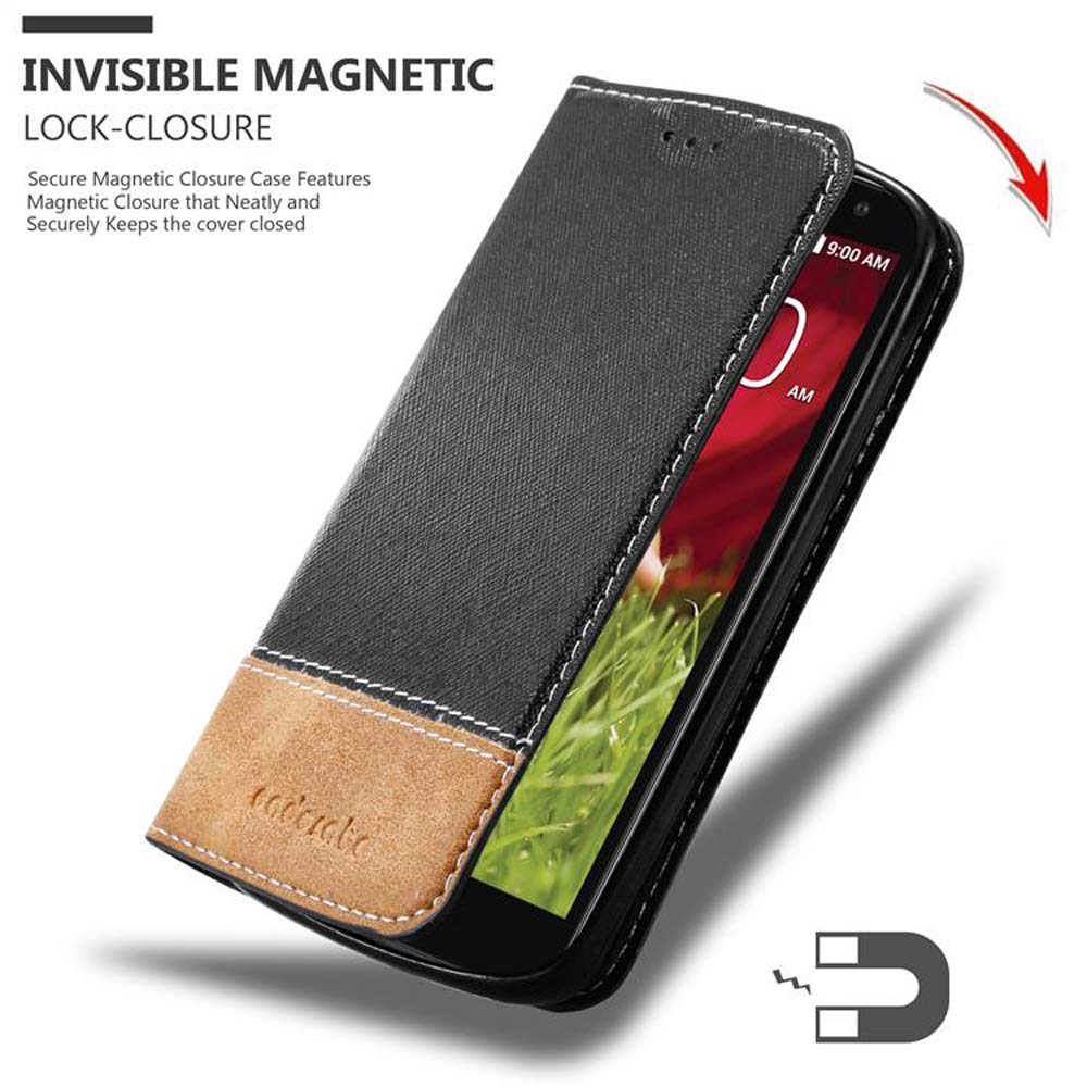 Schwarz-braune Handyhülle mit Telefon darin. Die Hülle ist offen.
