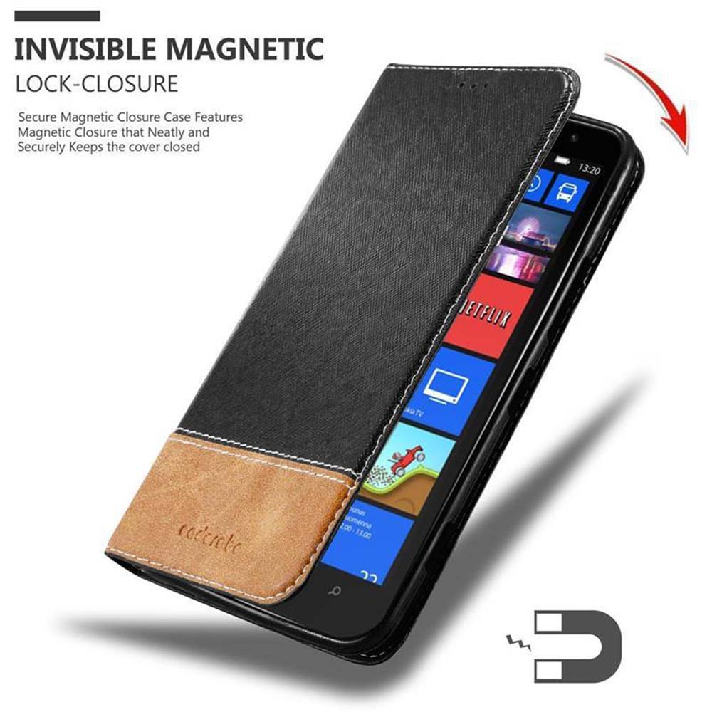 Telefono nero in custodia, parzialmente aperto. Custodia marrone con parte anteriore nera. Testo di chiusura magnetica invisibile. Schermo Netflix.