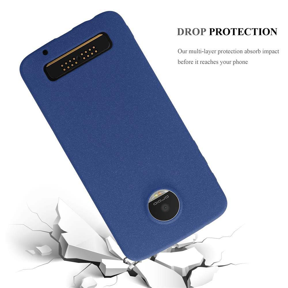 Custodia blu per telefono su terreno rotto. Testo: Protezione contro le cadute. Assorbe l'impatto.