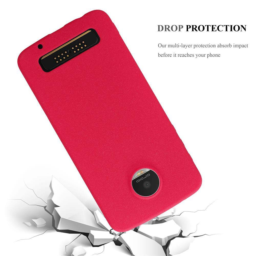 Una custodia per telefono rossa è su un terreno bianco rotto. Un cartello DROP PROTECTION è in cima.