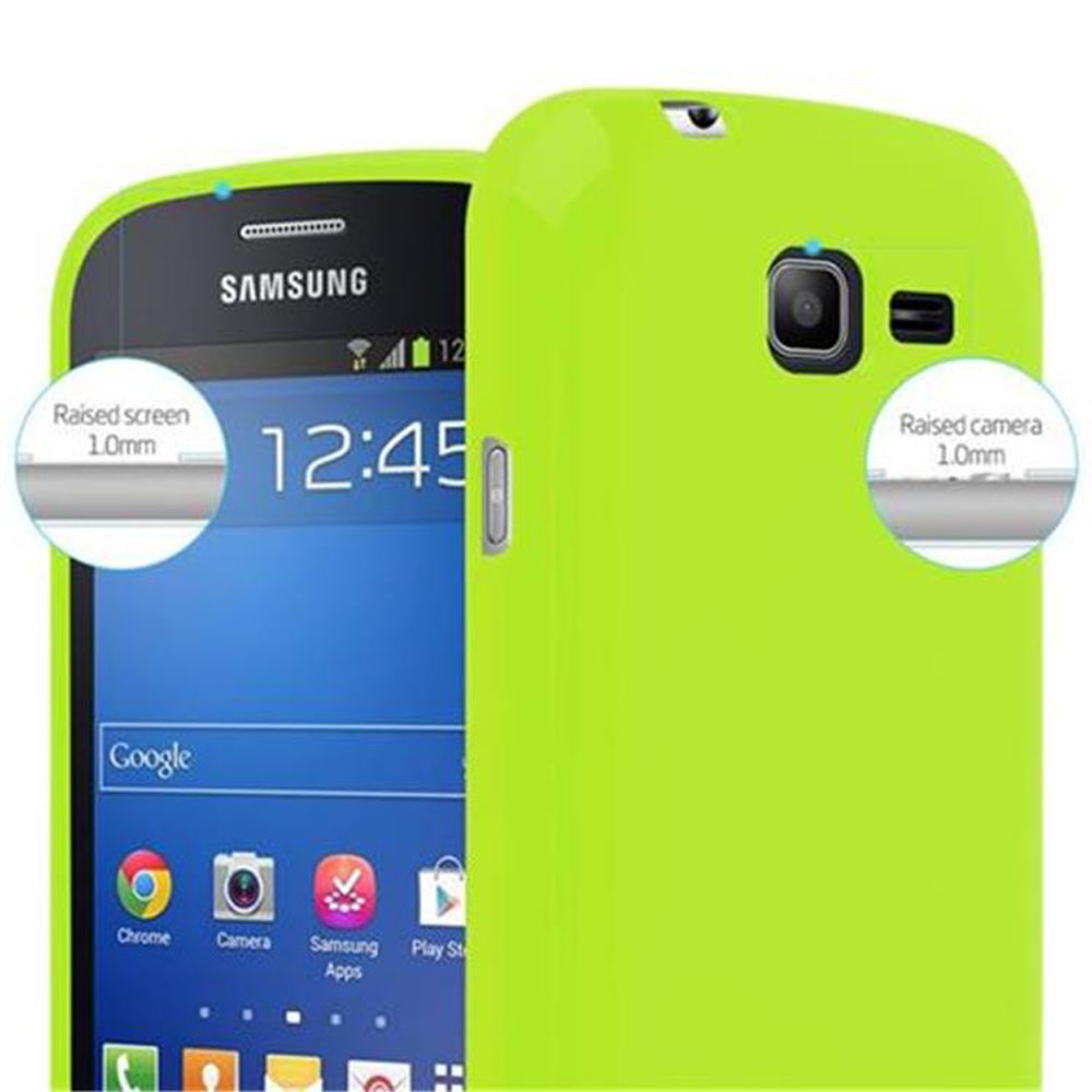 Una custodia verde circonda un telefono Samsung. Dettagli: schermo e fotocamera rialzati, entrambi 1,0 mm.
