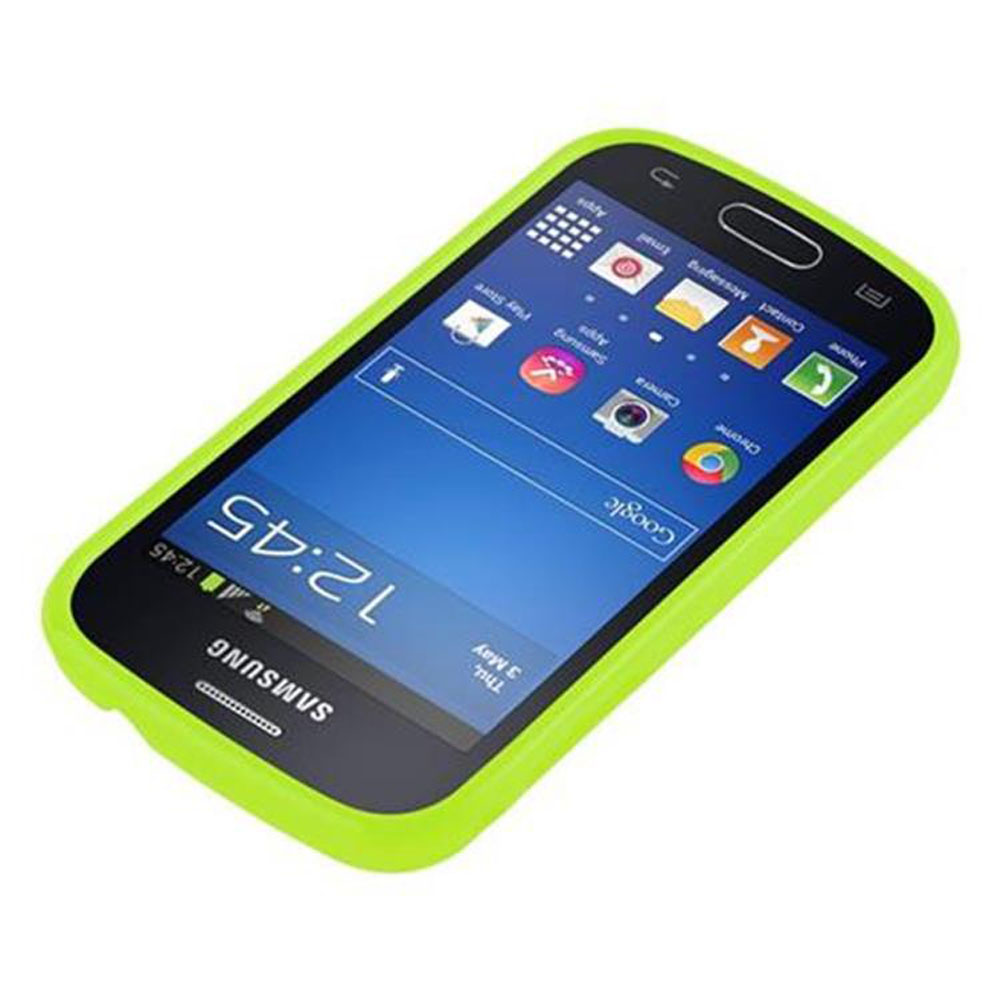 Custodia verde per telefono che protegge un telefono. Il telefono è su uno sfondo bianco e la custodia è verde.