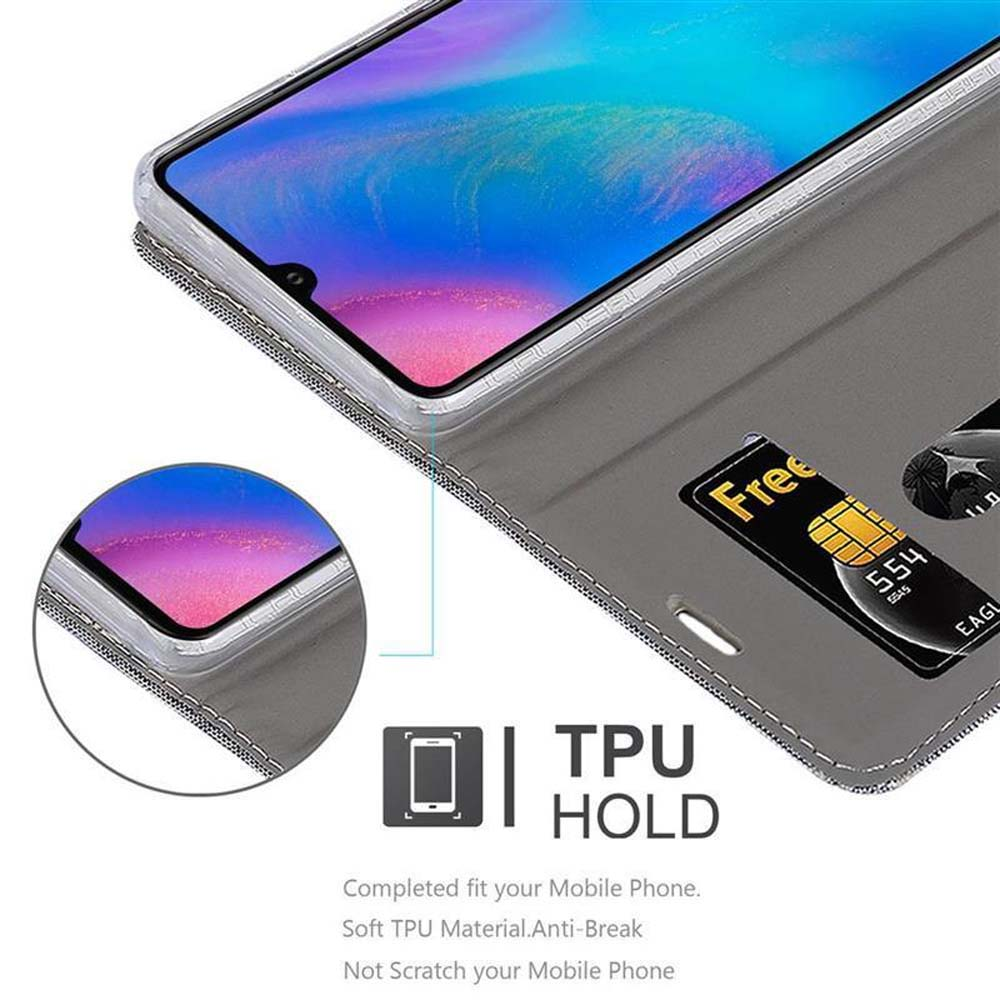 Una custodia grigia per telefono con un telefono all'interno, che mostra una carta e uno slot per schede.